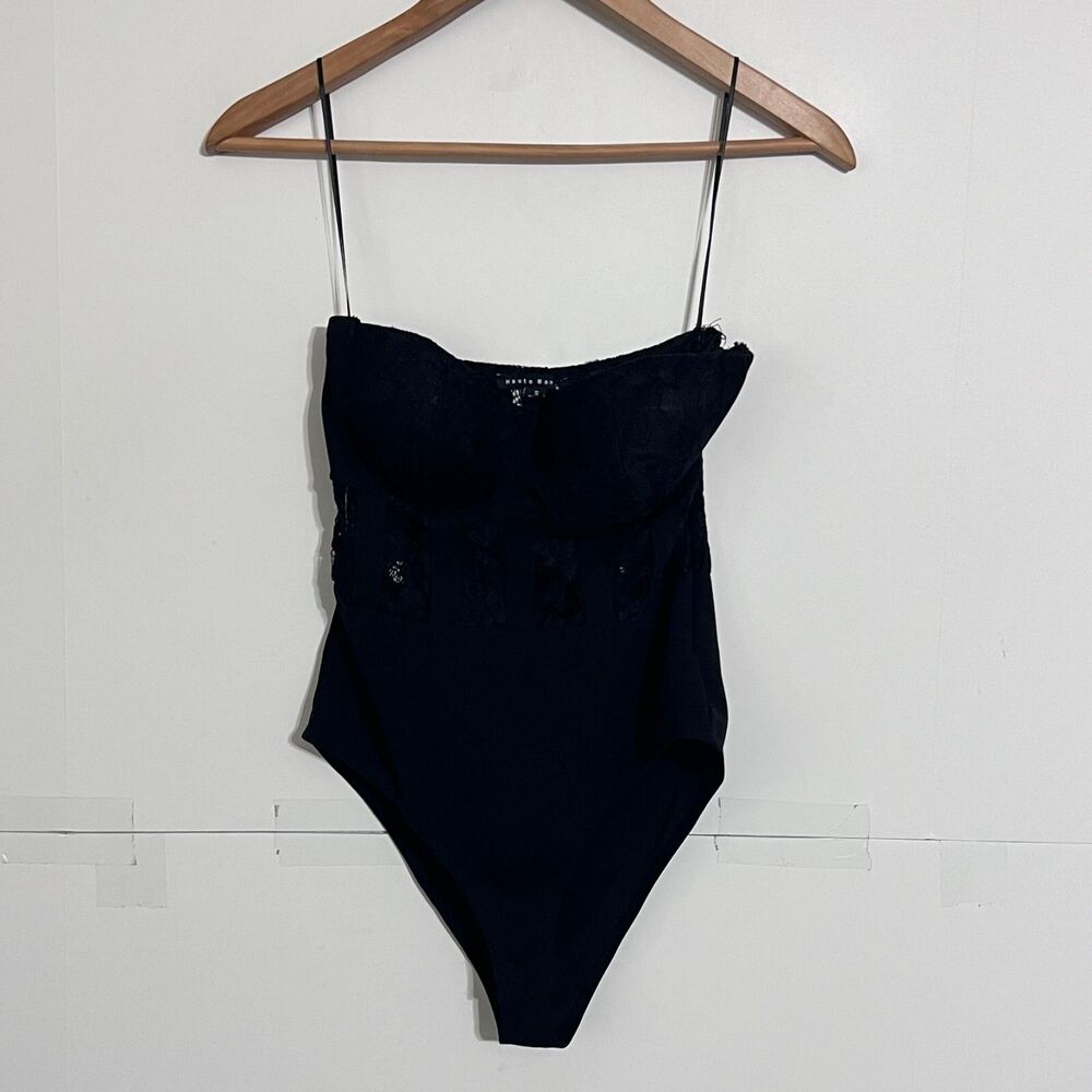 Haute Monde Womens Lace Bodysuit Size S Jet Black Nylon Sleeveless One Piece Top